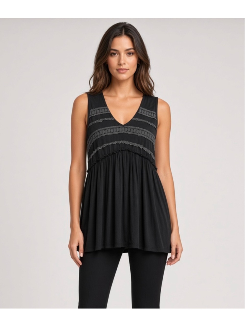 POL Black Crochet Trim V-Neck Babydoll Peplum Tank Top Distressed Look Size M